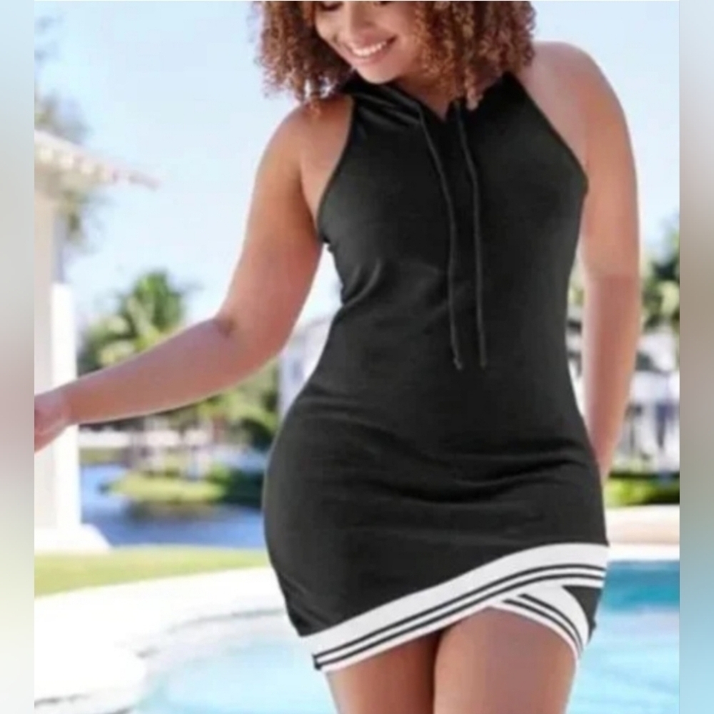VENUS Black White Hoodie Sleeveless Bodycon Mini Dress